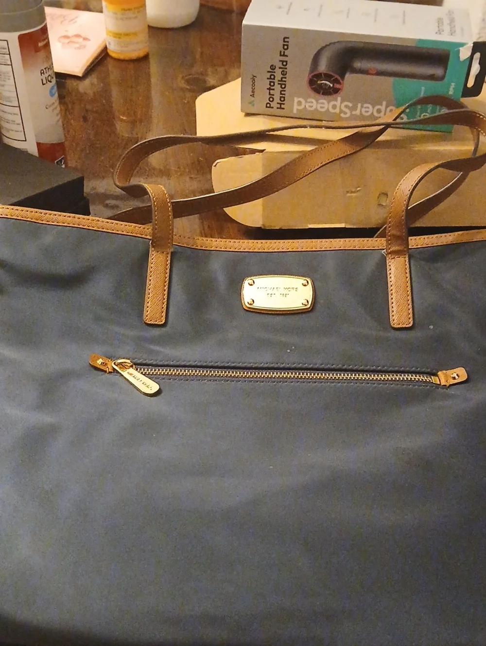 Michael Kors Navy and Brown Leather-Trim Tote EUC